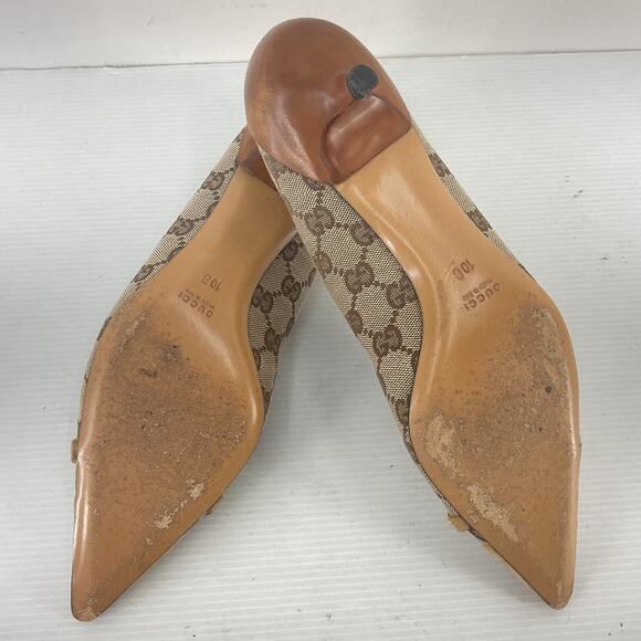 Gucci Brown/Tan Logo Canvas/Suede Horsebit Kitten Pump Heels Women’s 10 Preowned - Picture 4 of 8
